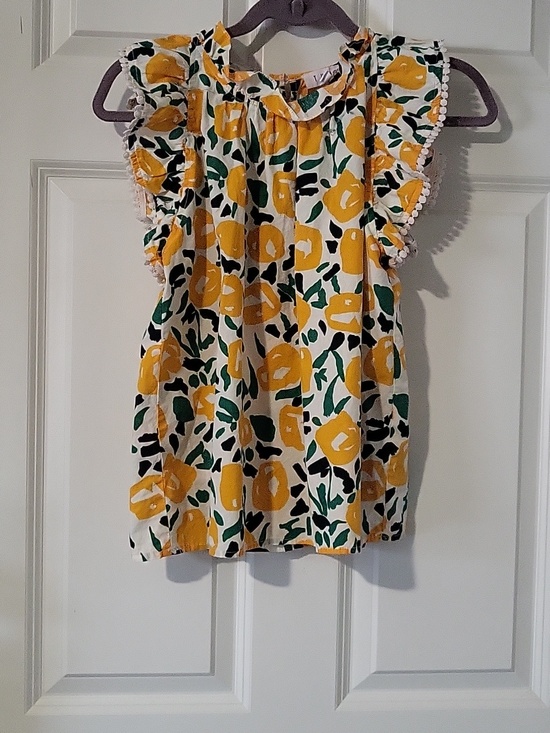 THML Tops - THML Floral Ruffle Sleeve Cotton Blouse Yellow Green Women’s Small